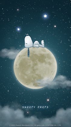 two cats sitting on top of the moon with stars in the sky behind them and text that reads, snoopy drops