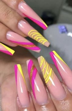 Stiletto Nails Designs, Fall Acrylic Nails, Classy Acrylic Nails, Acrylic Nails Coffin Pink, Coffin Nails Long, Ideas Nails, Neon Nails, Yellow Nails