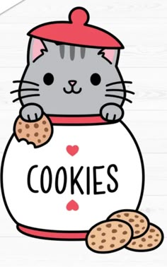 a cat sitting in a cookie jar with cookies on it's side and the words cookies