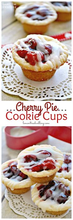 cherry pie cookie cups on a plate with the words cherry pie cookies above it and below