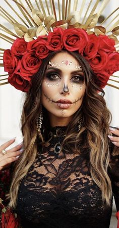 Glam Catrina Makeup, Day Of The Dead Makeup Tutorial Easy, Glam Sugar Skull Makeup, Half Catrina Makeup, Catrina Hairstyle, Catrina Costume Make Up, Sugar Skull Costume Outfit Diy, Catrina Outfit Costume Ideas, Skull Costume Women