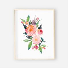 an art print with pink flowers and green leaves on the bottom, against a white background