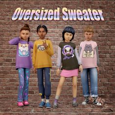 three children standing in front of a brick wall with the words oversized sweater on it