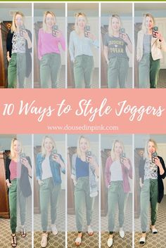 The ultimate guide to how to style joggers up and down this spring.   #joggers #casualoutfits #styletip #joggerpants #springstyle #howtostyle #whattowear #outfitinspiration How To Wear Olive Green Joggers, Khaki Joggers Outfit Women, Green Joggers Outfit, Olive Jogger Pants, Womens Joggers