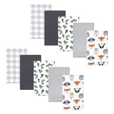 five baby bibs with animals and gingham checks on the front, one in grey