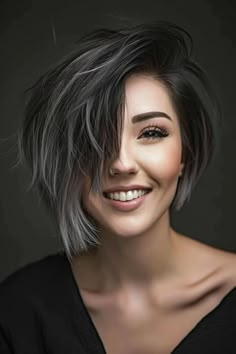 Long A Frame Haircut, Assymetrical Bob Haircut Short, Short Fun Hairstyles, Half Short Half Long Haircut, Black And White Hair Color Short, Goth Bob Haircut, Asymmetrical Inverted Bob, Short Asymmetrical Haircut, Pixie Cut With Long Bangs