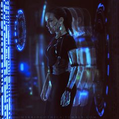 a futuristic woman standing in front of a clock