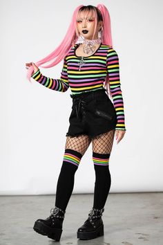 NIKIKO.- Ribbed, super stretch cotton fabric.- Statement stripe design.- Lettuce hem.- Cropped.- Scoop neck with zip.- Metal pentagram zip pendant.- Fitted.Model is 5ft 4 and wears a size XS.with KILLSTAR branding, 92% Cotton 8% Elastane. Color Punk Fashion, Pastel Goth Yellow, Pastel Goth Summer Outfits, Goth With Color, Neon Goth Outfit, Rainbow Goth Outfit, Colorful Punk Fashion, Goth Pride Outfit, Rainbow Goth Aesthetic