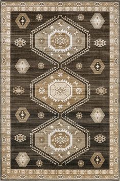 a brown and beige rug with an intricate design