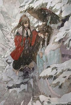 two people with umbrellas are walking through the snow covered mountain side, one person is holding an umbrella