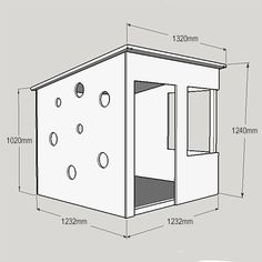 a drawing of a dog house with its door open and the measurements shown below it