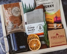 a box filled with coffee, tea and snacks