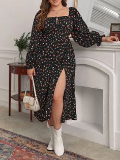 Multicolor Bohemio Collar manga larga Tela tricotada floral de margarita A línea Embellished No-Elástico Front Split Dress, Split Thigh Dress, Vestido Plus Size, Ditsy Floral Print, Flounce Sleeve, Long Summer Dresses, Affordable Clothes, Types Of Dresses, Ditsy Floral