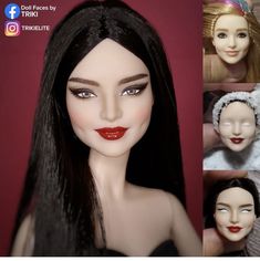 a doll with long black hair and red lipstick on it's face, next to photos of other dolls