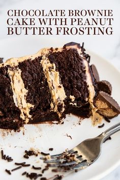 chocolate brownie cake with peanut butter frosting on a plate next to a fork