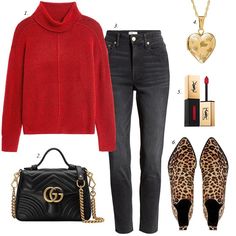 Leopard Booties Outfit, Red Lipgloss, Charcoal Jeans, Red Sweater Outfit, Grey Jeans Outfit, Leopard Outfit, Gucci Satchel, How To Have Style, Booties Outfit