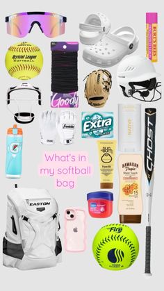 an assortment of sports items with the words what's in my softball bag?