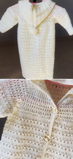 crocheted baby sweaters are shown in two different colors and sizes, one is white