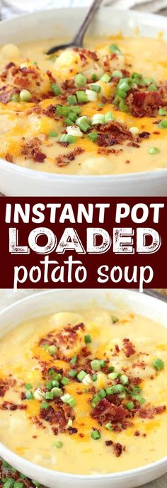 instant pot loaded potato soup with bacon and green onions in a white casserole dish