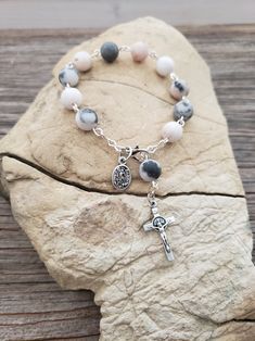 Rosary Bracelet Matte Finish Pink Zebra Stone Silver - Etsy Catholic Rosary Bracelet, Decade Rosary, Ideas Decoracion, Catholic Rosary, Rosary Bracelet, Wichita Ks, Rosary Catholic, Pink Zebra, St Michael