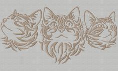 three cats with different facial expressions are shown in this embroidery pattern on a piece of fabric