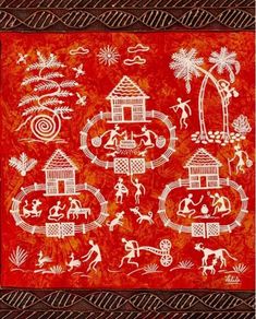 an orange and red painting with white designs on the side, depicting people in various places