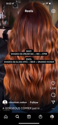 Shades Eq Toner Formulas For Orange, How To Make Copper Hair Color, Redken Dark Copper Hair Formulas, Redken Shades Eq Formula Copper, Redken Orange Formula, Cowboy Copper Hair Redken, Copper With Root Smudge, Auburn To Copper Balayage, Orange Hair Color With Highlights