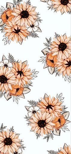 an orange and black sunflower pattern on a white wallpaper with brown flowers in the center