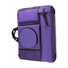 a purple suitcase with wheels and straps on the front is open to show it's interior