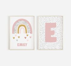 two children's wall art prints with the letter e and rainbow