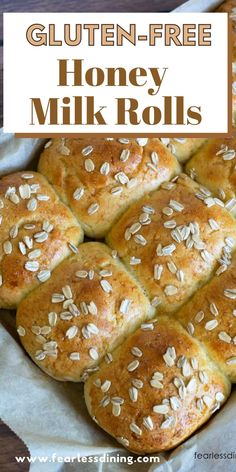 gluten - free honey milk rolls in a baking pan with text overlay