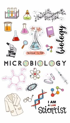 the words microbiology are written in black and white, surrounded by various science related items