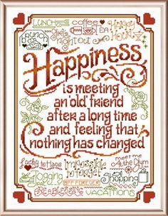 a cross stitch pattern with the words happiness in different colors and font, on a white background