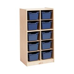 a wooden shelf with blue bins on the bottom and two rows of plastic containers below