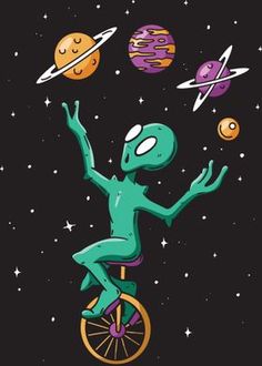 an alien riding a unicycle with planets in the background