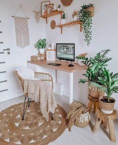 a home office with plants and wicker baskets on the wall, along with a computer