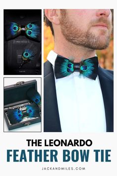 A sophisticated bow tie set featuring peacock feathers. The collage displays different angles, including a model wearing the tie, a detailed close-up, and the product in its sleek packaging. Groomsmen Ties, Groom Ties, Gatsby Party, Black Tie Wedding, Formal Attire, Tried And True