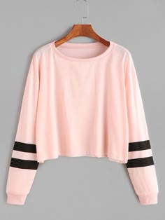 Pink Varsity Striped Sleeve Crop T-shirtFor Women-romwe Cropped Pullover, Tween Outfits, Vintage Hoodies, Girls Fashion Clothes, Komplette Outfits, School Fashion