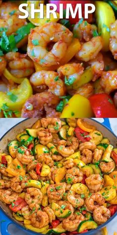 shrimp and vegetable stir fry in a skillet with the title overlay above it