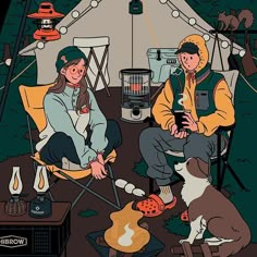 two people sitting in chairs next to a campfire with their dog and cat on the ground