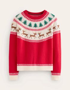 Edie Fair Isle Sweater - Red, Reindeers | Boden US Pink Holiday Sweater, Cute Christmas Sweaters, Fair Isle Jumper, Boden Clothing, Fair Isle Pullover, Cute Christmas Sweater, Reindeer Sweater, Holiday 2024, Christmas Sweaters For Women