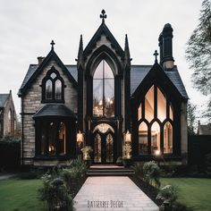 Floor to ceiling windows on a gorgeous Gothic house. Goth Backyard, Gothic Lifestyle, White Picket Fences, Gothic Homes, 2025 Moodboard, Goth Houses, Picket Fences, House Deco, Dark Home Decor