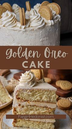 a close up of a slice of cake on a plate with the words golden oreo cake