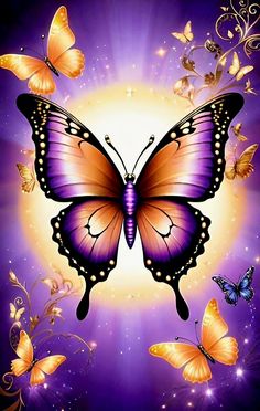 a painting of a purple butterfly with yellow and orange butterflies on it's wings