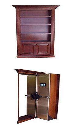 three different types of wooden cabinets with doors and shelves on each side, one is open