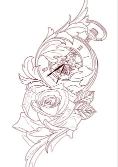 a drawing of a rose with a clock on it