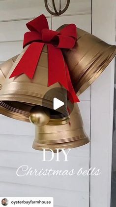 a golden bell with a red bow hanging from it's side and the words diy christmas bells below