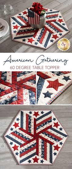 the american gathering table topper is shown with red, white and blue stars on it