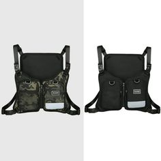 the back and side view of two backpacks, one in camouflage print with multiple pockets