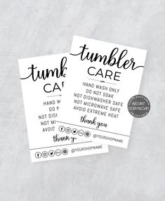 two stickers with the words tumbler care on them